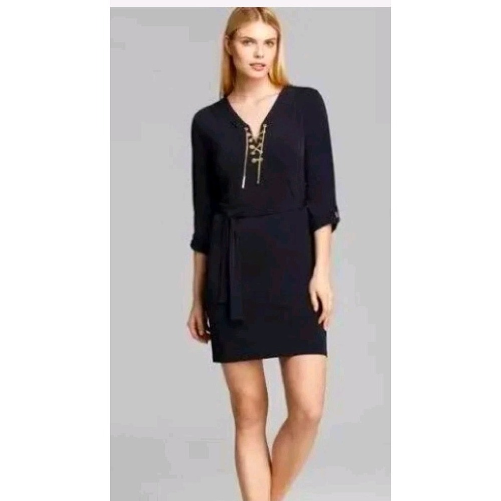 NWT Michael Kors Black Long Sleeve Stretchy Dress Gold Chain Tie Sz S